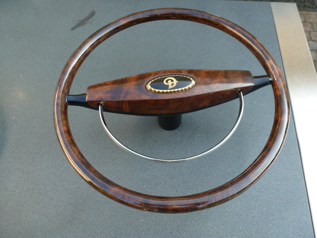 Restored steering wheel in dark Burl walnut veneer